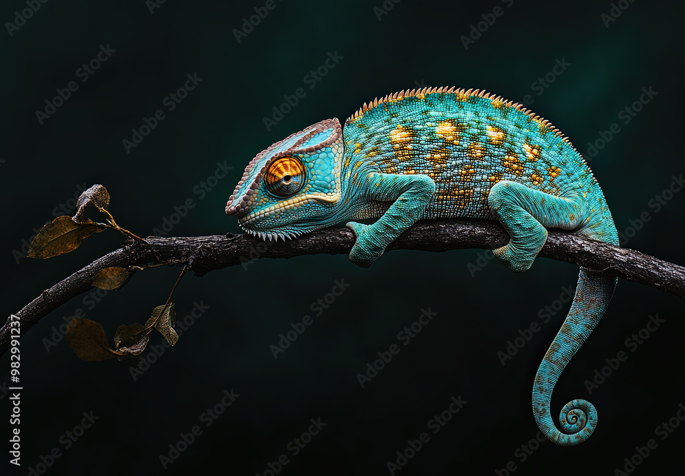 Fototapeta premium Macro Shot of Vibrant Chameleon on Branch – Nature and Wildlife