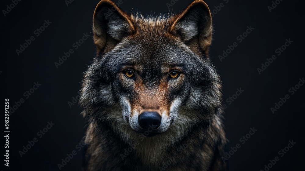 A scary wolf's face against a dark backdrop. A scary wolf's face against a dark backdrop.