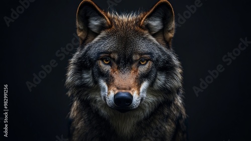 A scary wolf's face against a dark backdrop.