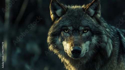 A scary wolf's face against a dark backdrop. photo