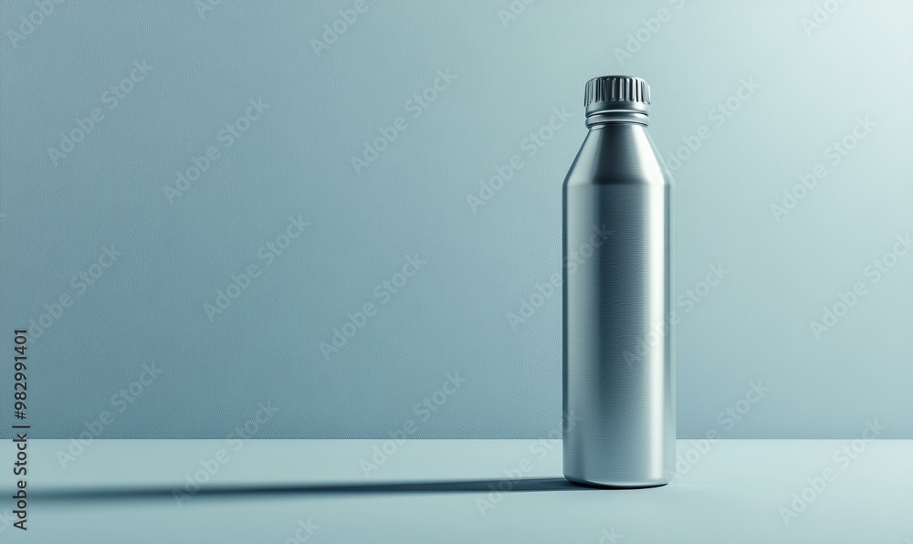 A silver bottle on a light blue background. A silver bottle on a light blue background.