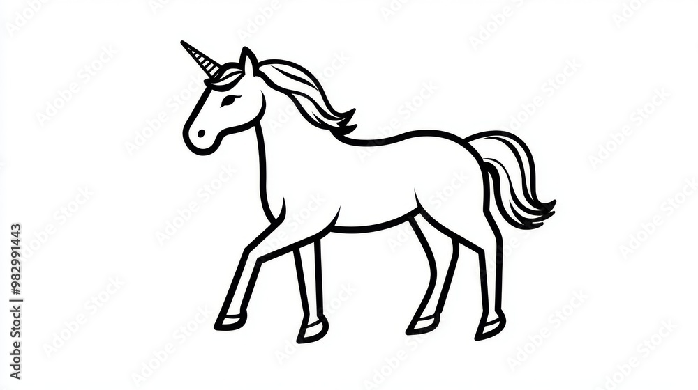 A simple, black outline of a unicorn horse. The image is isolated, meaning it has a clear background. A simple, black outline of a unicorn horse. The image is isolated, meaning it has a clear background.