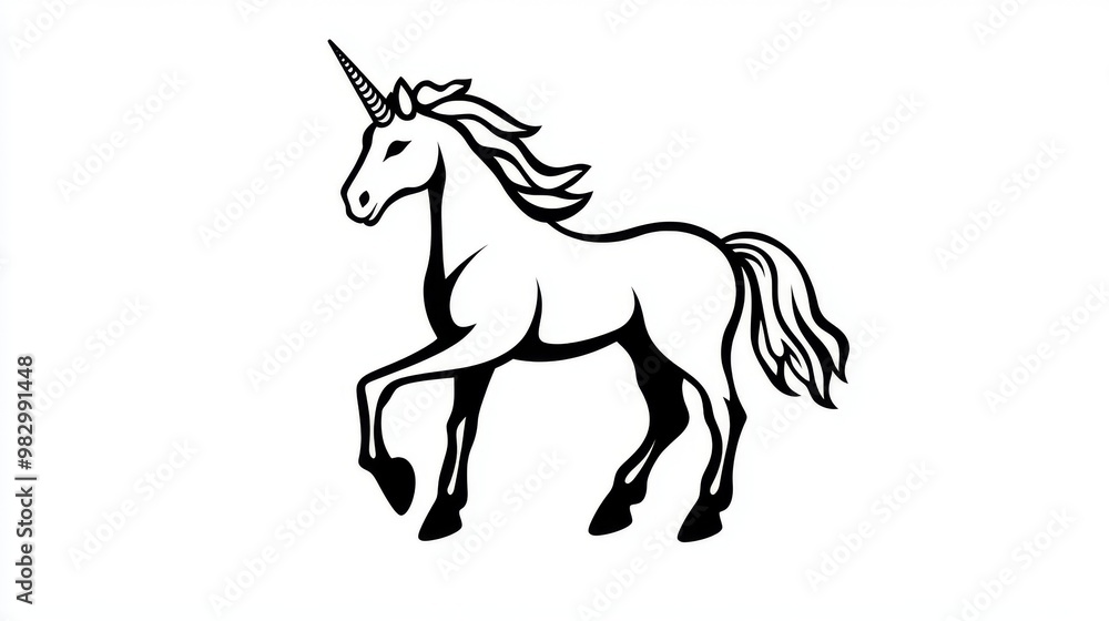 A simple, black outline of a unicorn horse. The image is isolated, meaning it has a clear background. A simple, black outline of a unicorn horse. The image is isolated, meaning it has a clear background.