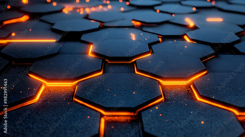 Fototapeta premium Hexagonal abstract metal background with orange light