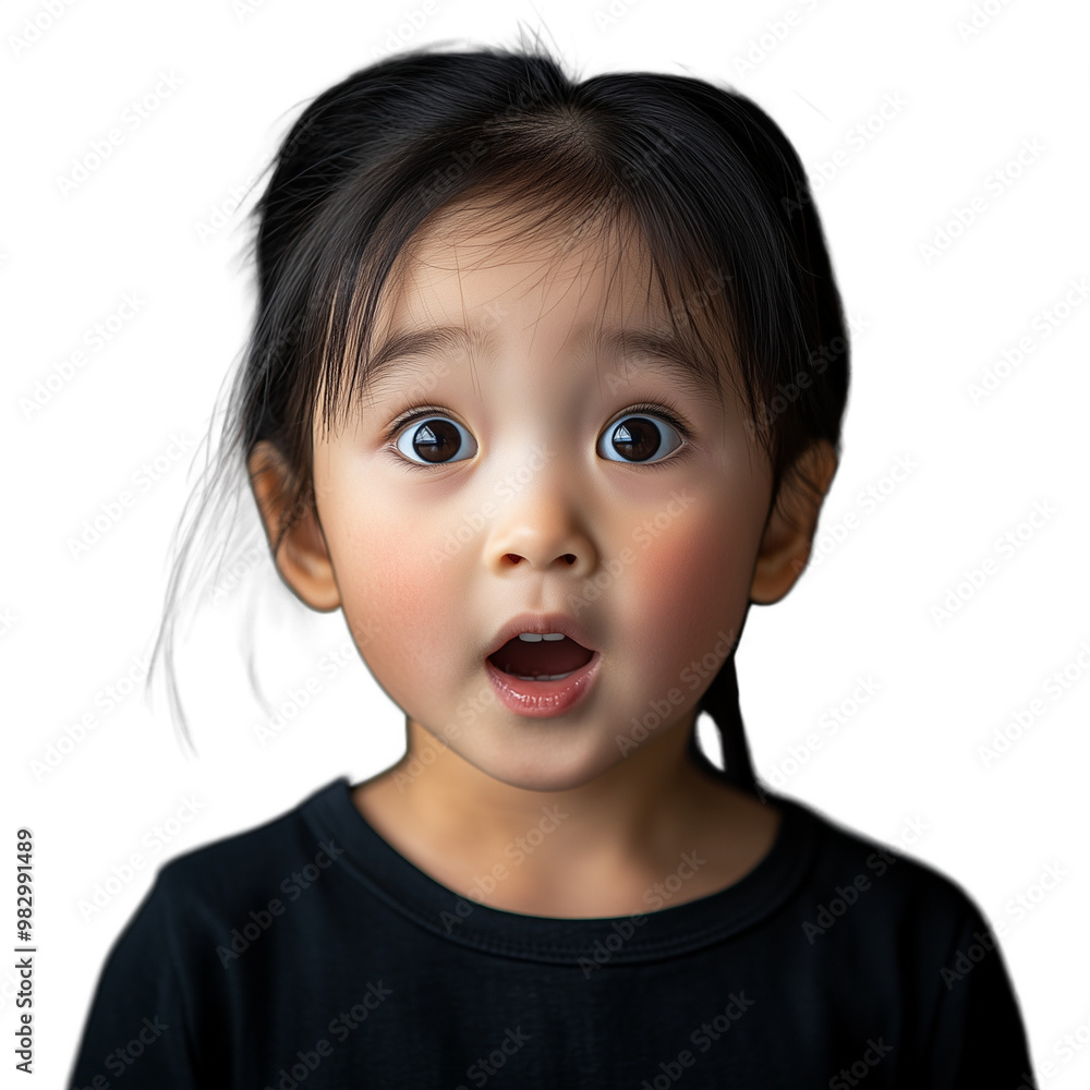 Wide-eyed young girl with a surprised expression, wearing a black shirt, isolated on a transparent background Wide-eyed young girl with a surprised expression, wearing a black shirt, isolated on a transparent background
