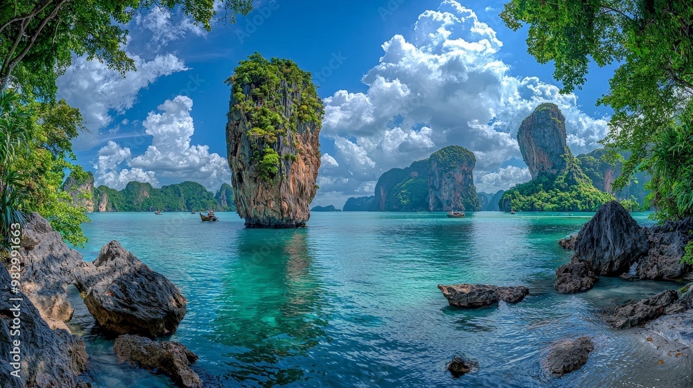 Obraz premium A beautiful blue ocean with a rocky shoreline and a mountain in the background