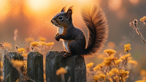 Wallpaper Mural Close-up of a squirrel sitting on a fence with sunset background Torontodigital.ca