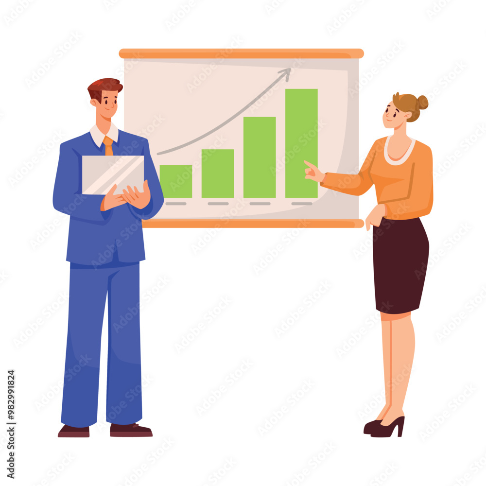 Man and Woman Office Staff Character at Workplace Show Presentation Vector Illustration Man and Woman Office Staff Character at Workplace Show Presentation Vector Illustration