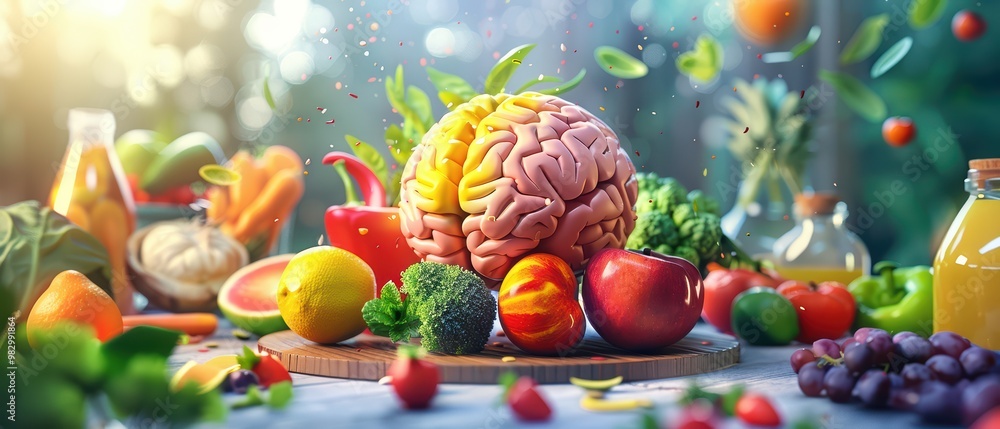 A vibrant display of fresh fruits and vegetables arranged around a brain, symbolizing nutrition and mental health. A vibrant display of fresh fruits and vegetables arranged around a brain, symbolizing nutrition and mental health.