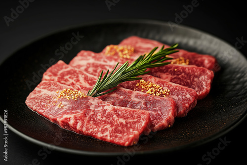 Sliced wagyu marbled beef for yakiniku on plate on black background.