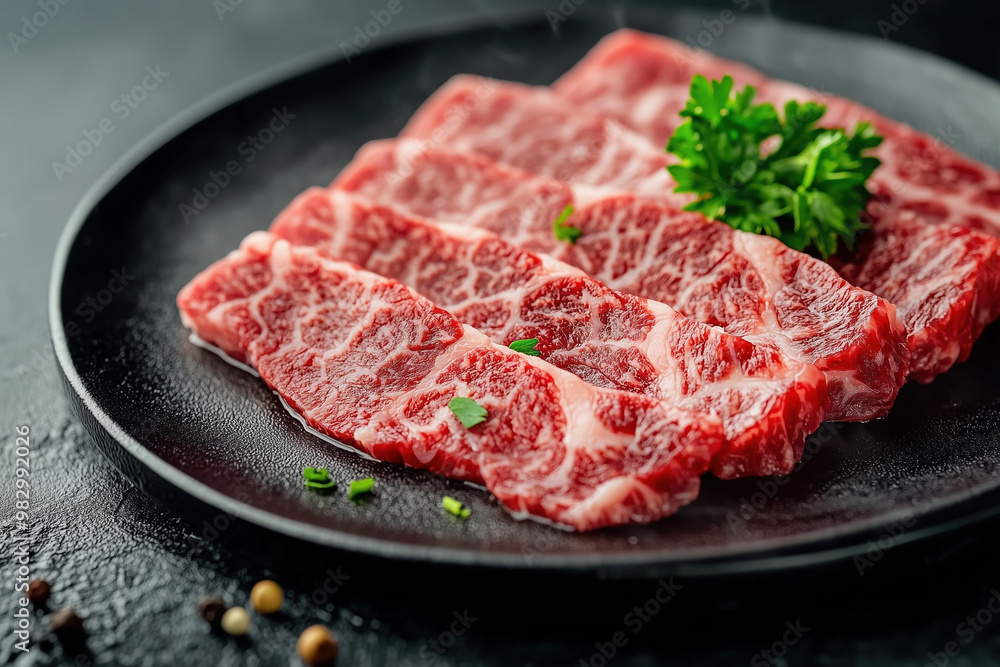 Sliced wagyu marbled beef for yakiniku on plate on black background. Sliced wagyu marbled beef for yakiniku on plate on black background.