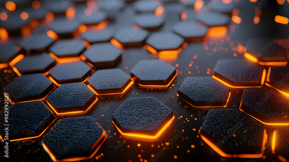 Hexagonal abstract metal background with orange light Hexagonal abstract metal background with orange light