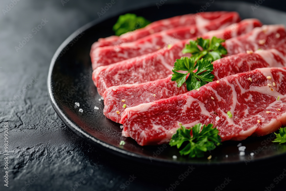 Sliced wagyu marbled beef for yakiniku on plate on black background. Sliced wagyu marbled beef for yakiniku on plate on black background.