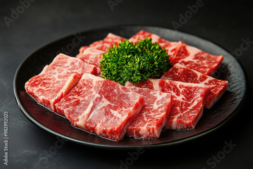 Sliced wagyu marbled beef for yakiniku on plate on black background.