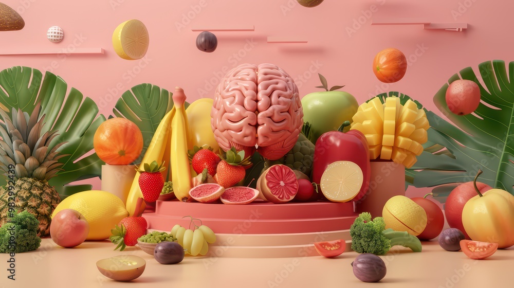 A vibrant, surreal arrangement of fruits and a brain, symbolizing creativity and health against a colorful background. A vibrant, surreal arrangement of fruits and a brain, symbolizing creativity and health against a colorful background.