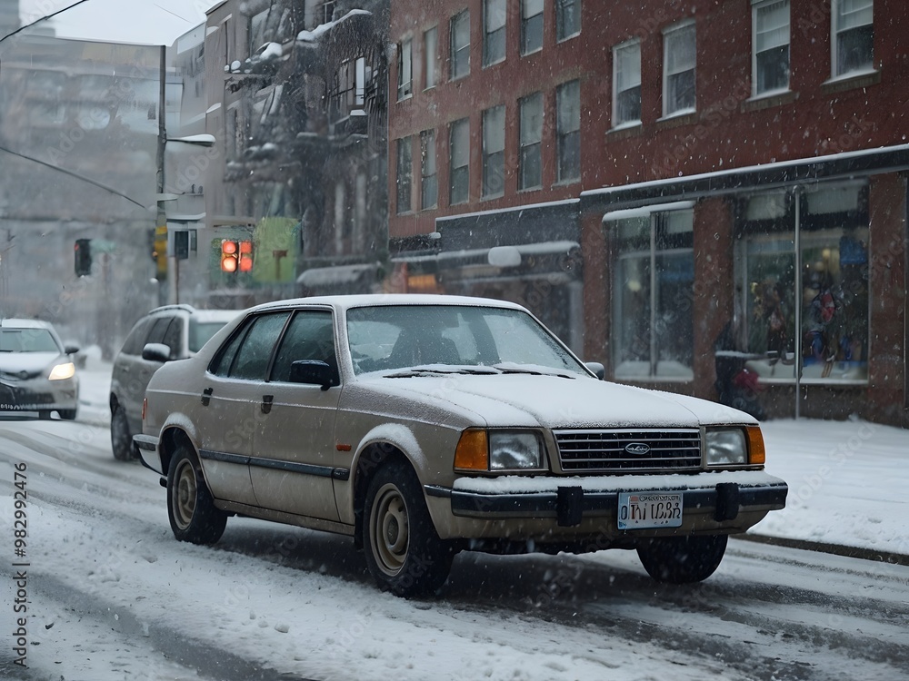 Naklejka premium Beige Sedan Car Driving in Winter Snow