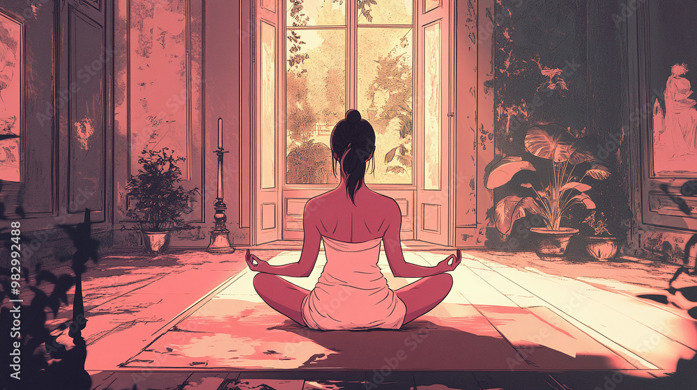 relaxed woman performing meditation yoga indoor of a classical old room breathing fresh air indoor panorama landscape digital painting illustration of a beautiful lady girl from her back relaxed woman performing meditation yoga indoor of a classical old room breathing fresh air indoor panorama landscape digital painting illustration of a beautiful lady girl from her back