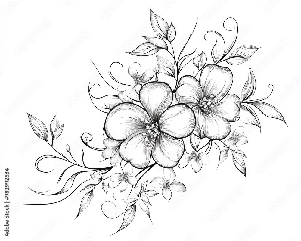 Line art illustration of floral design on a white background featuring decorative elements Line art illustration of floral design on a white background featuring decorative elements