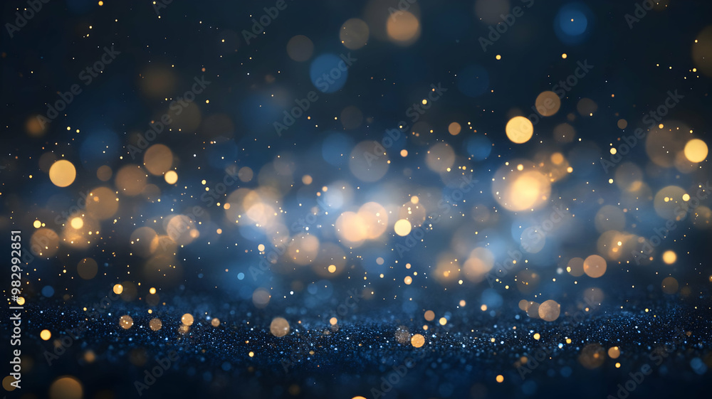 Fototapeta premium Christmas Golden light shine particles bokeh on navy blue background, background, abstract background with Dark blue and gold particle