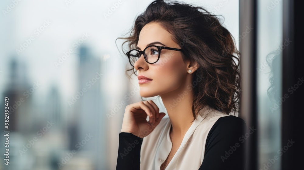 Fototapeta premium A young woman with curly hair and glasses thoughtfully gazes out of a window at a cityscape, suggesting contemplation and urban lifestyle.
