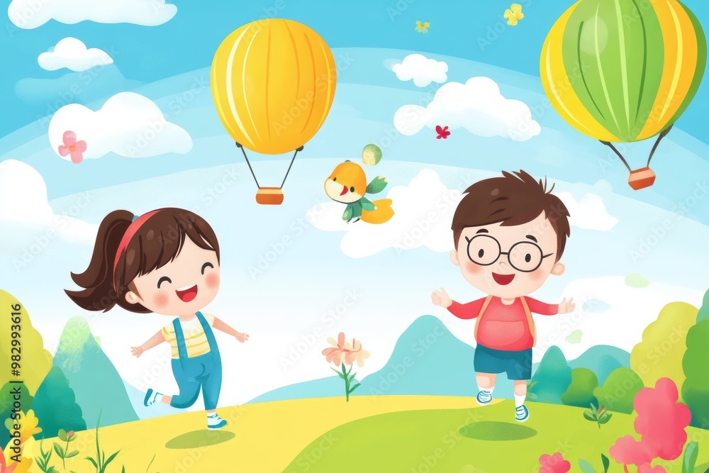 Happy Children Playing in a Sunny Meadow Happy Children Playing in a Sunny Meadow