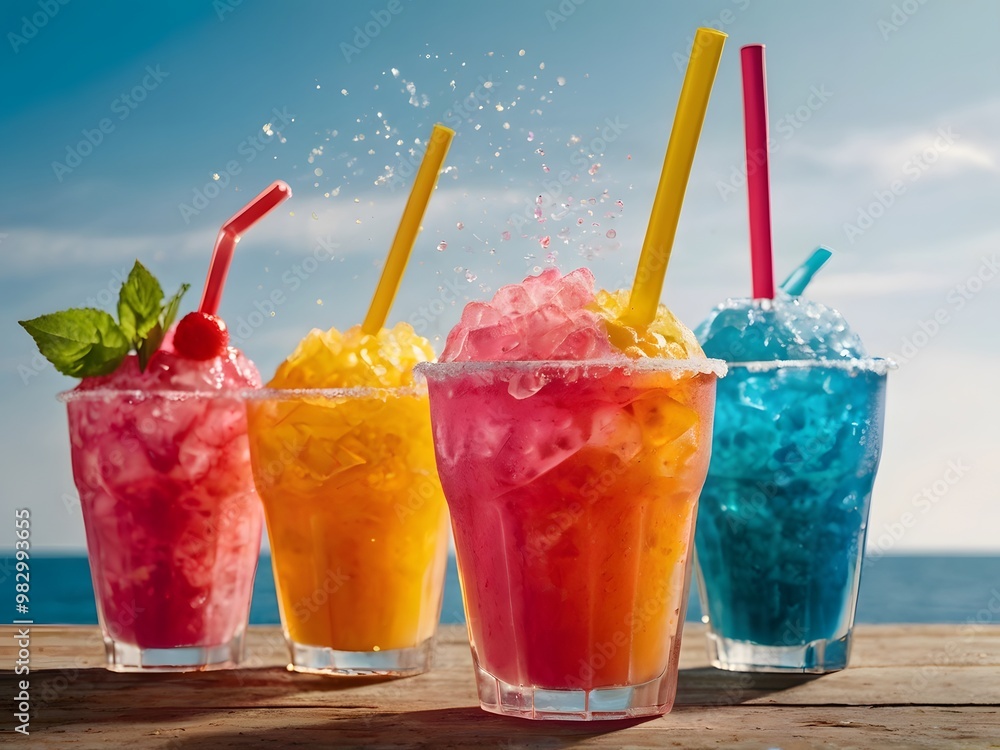 Refreshing Summer Drinks on Wooden Table with Ocean View Refreshing Summer Drinks on Wooden Table with Ocean View