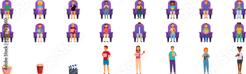 Kids cinema icons set. People enjoying their time spent at the cinema, watching a movie, eating popcorn and drinking soda