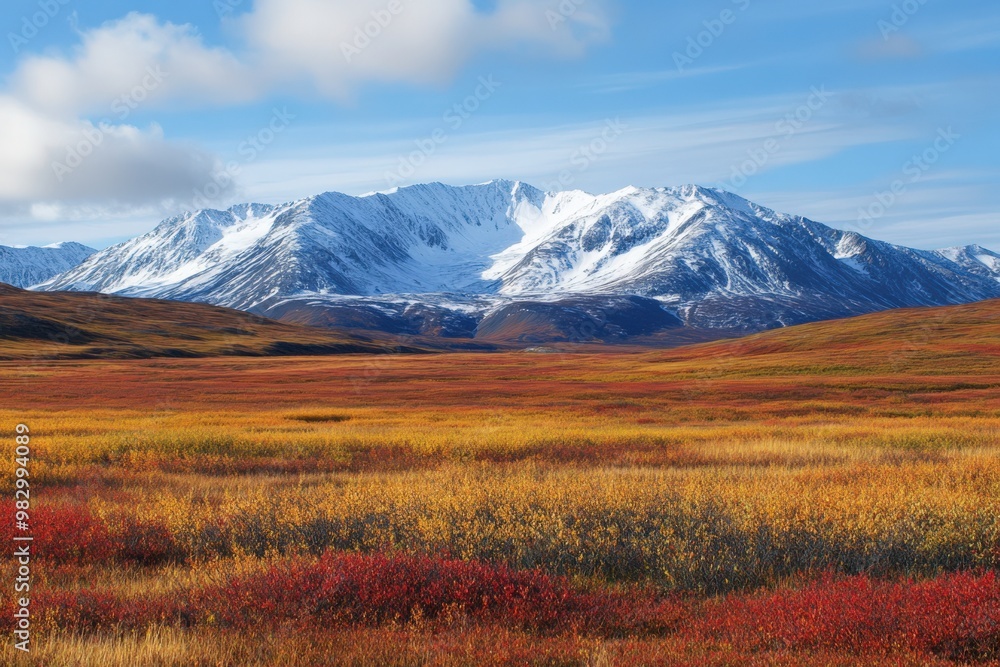 Tundra Landscape: Autumn Color on Alaskan Tundra with Snowy Mountains Tundra Landscape: Autumn Color on Alaskan Tundra with Snowy Mountains