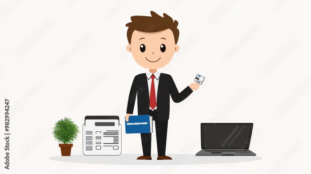 Business Character with Laptop and Office Items Business Character with Laptop and Office Items