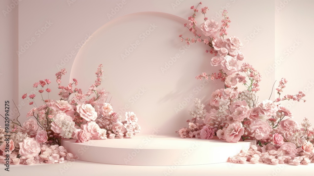 Elegant pink floral arrangement with a circular backdrop, perfect for weddings and special events, creating a romantic atmosphere. Elegant pink floral arrangement with a circular backdrop, perfect for weddings and special events, creating a romantic atmosphere.