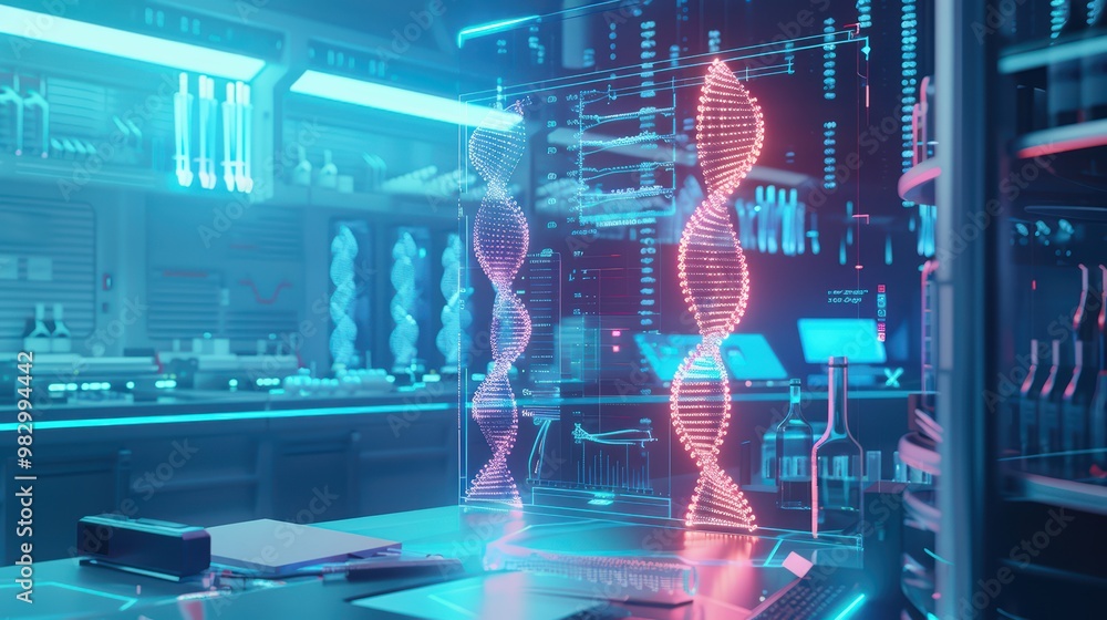 Naklejka premium Futuristic laboratory scene featuring holographic DNA structures and advanced technology, representing innovation in science and research.