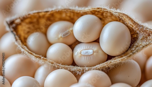 A macro shot of a cracked open GMO soybean pod, exposing unusually large beans inside, with subtle markings symbolizing genetic modification. photo