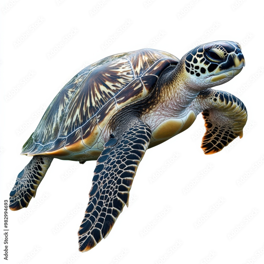 Fototapeta premium Turtle Isolated. Underwater Sea Turtle on White Background