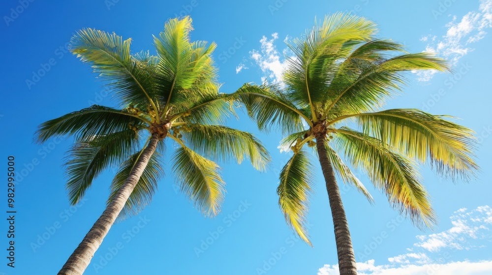 Two Palm Trees. Summer Vacation Concept with Blue Sky Background Two Palm Trees. Summer Vacation Concept with Blue Sky Background