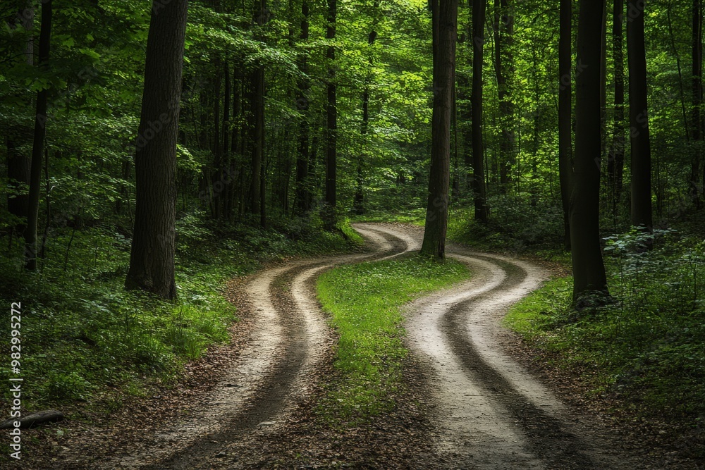 Obraz premium Two Paths. Crossroads in the Woods: Hiking Trails for Outdoor Adventure