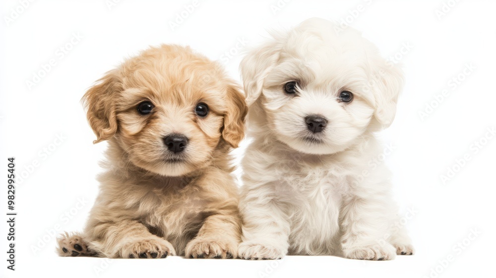 Two Puppies. Cute Doggy Duo Sitting on White Background Two Puppies. Cute Doggy Duo Sitting on White Background