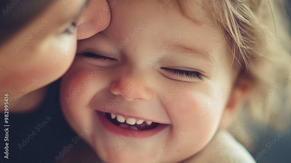 Happy child smiling while being kissed by mother Happy child smiling while being kissed by mother
