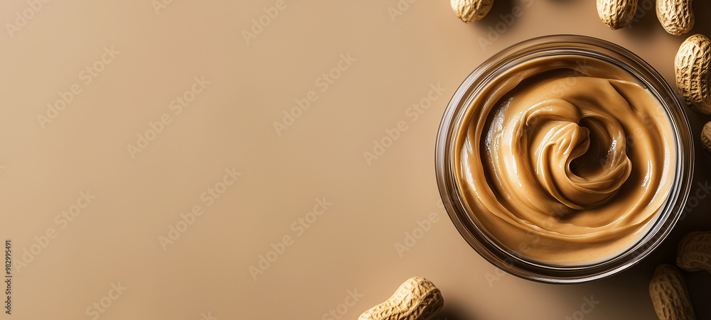 The swirl of peanut butter in an open jar with scattered peanuts around it on a beige background, top view The swirl of peanut butter in an open jar with scattered peanuts around it on a beige background, top view