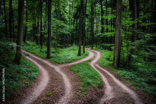 Two Paths. Decision Time in Nature: Trail or Road, Hiking in the Woods