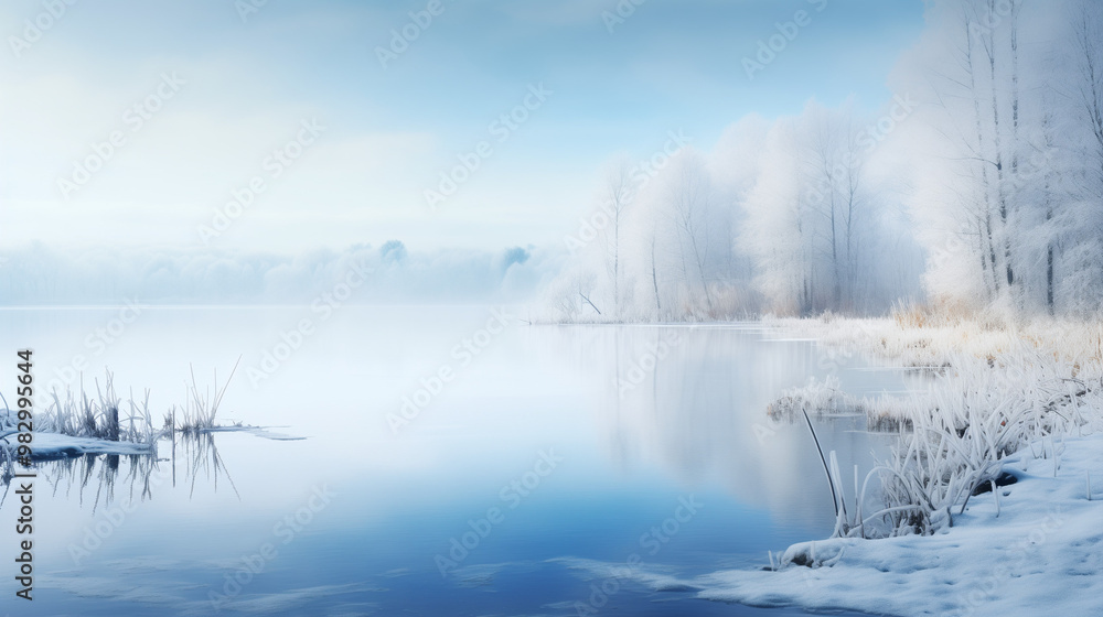 Frozen lake landscape with frosted trees and calm blue water reflections Frozen lake landscape with frosted trees and calm blue water reflections