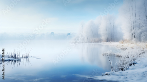 Frozen lake landscape with frosted trees and calm blue water reflections