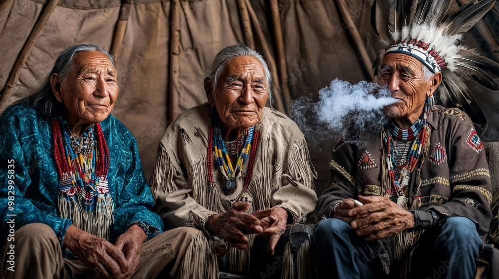 Native American elders sitting in a circle inside a tepee, smoking from a peace pipe and sharing wisdom passed down through generations Native American elders sitting in a circle inside a tepee, smoking from a peace pipe and sharing wisdom passed down through generations