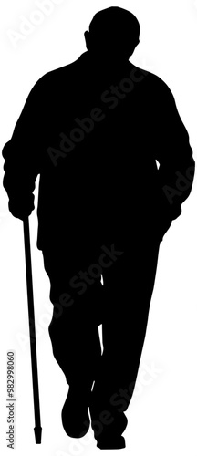 Silhouette of an old man walking with a cane, isolated 