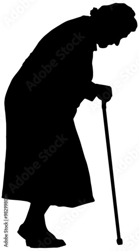 Silhouette of an old woman hunched over walking with a cane, isolated 