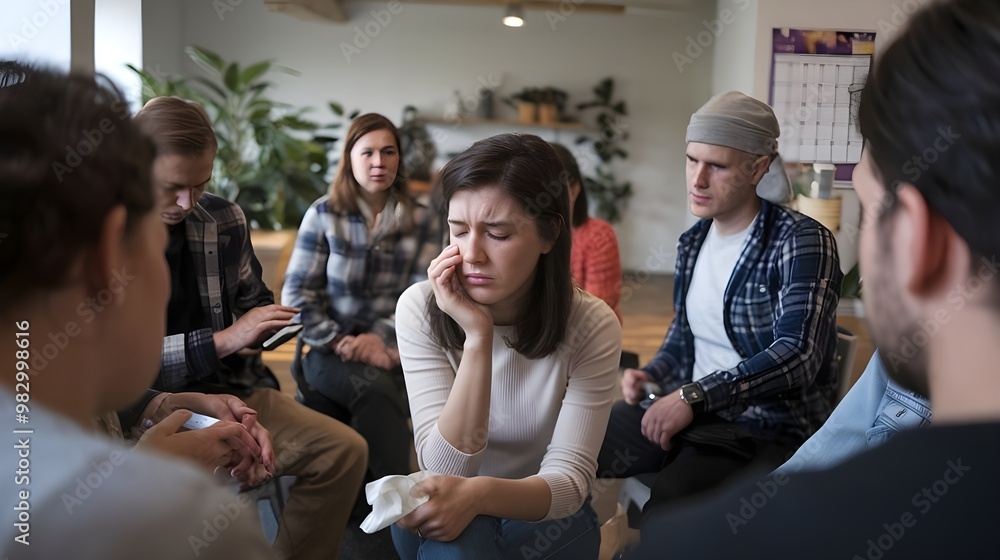 A sad and depressed woman sitting in a support group meeting for mental health and addiction issues. She is holding a tissue in her hand. A sad and depressed woman sitting in a support group meeting for mental health and addiction issues. She is holding a tissue in her hand.
