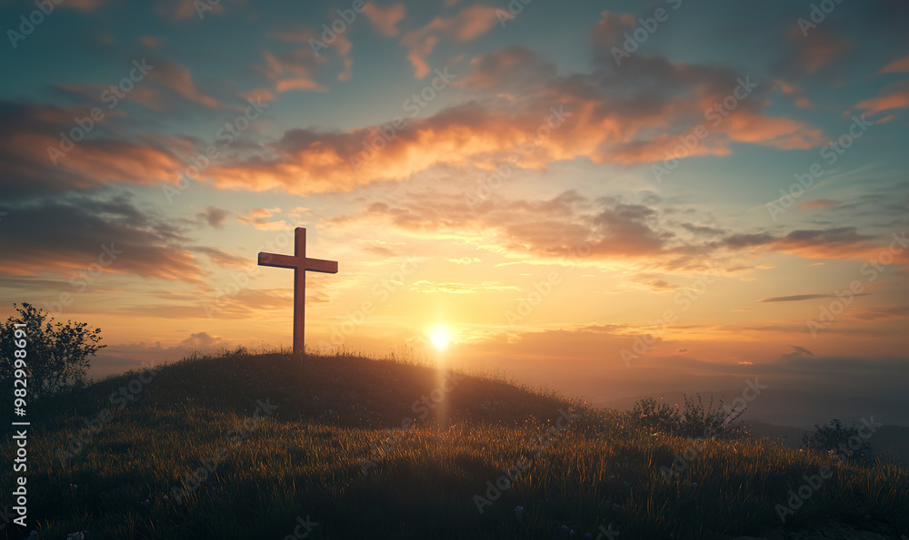 A cross on the hill with a sunset sky background, an Easter concept A cross on the hill with a sunset sky background, an Easter concept