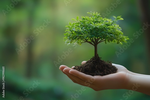 Hands holding small tree sprout growing from soil