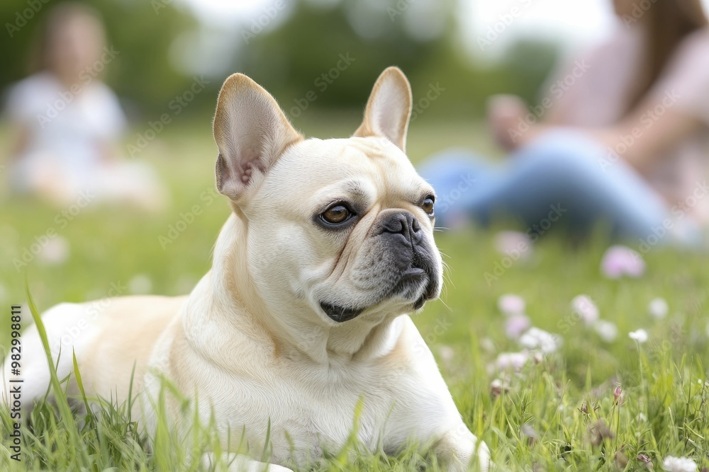 Fototapeta premium Relaxed Dog Enjoying a Sunny Day Laying in Lush Green Grass, Capturing the Essence of Peaceful Outdoor Moments and the Joy of Nature