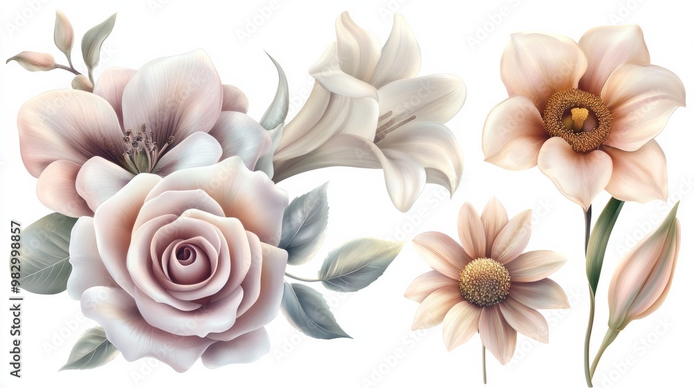Delicate Pastel Flowers: Rose, Lily, and Daisy Bouquet Delicate Pastel Flowers: Rose, Lily, and Daisy Bouquet
