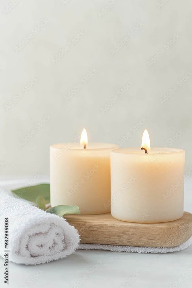 Serene Still Life: Two Flickering Candles Resting on a Soft Towel, Creating a Calming Atmosphere for Relaxation and Tranquility in Home Decor Serene Still Life: Two Flickering Candles Resting on a Soft Towel, Creating a Calming Atmosphere for Relaxation and Tranquility in Home Decor